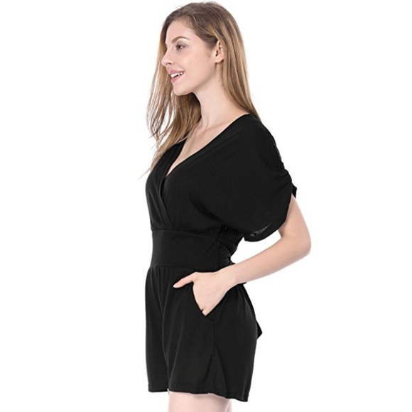 Black V Neck Cross Wrap Front Tie Back Romper - Picture 2 of 5